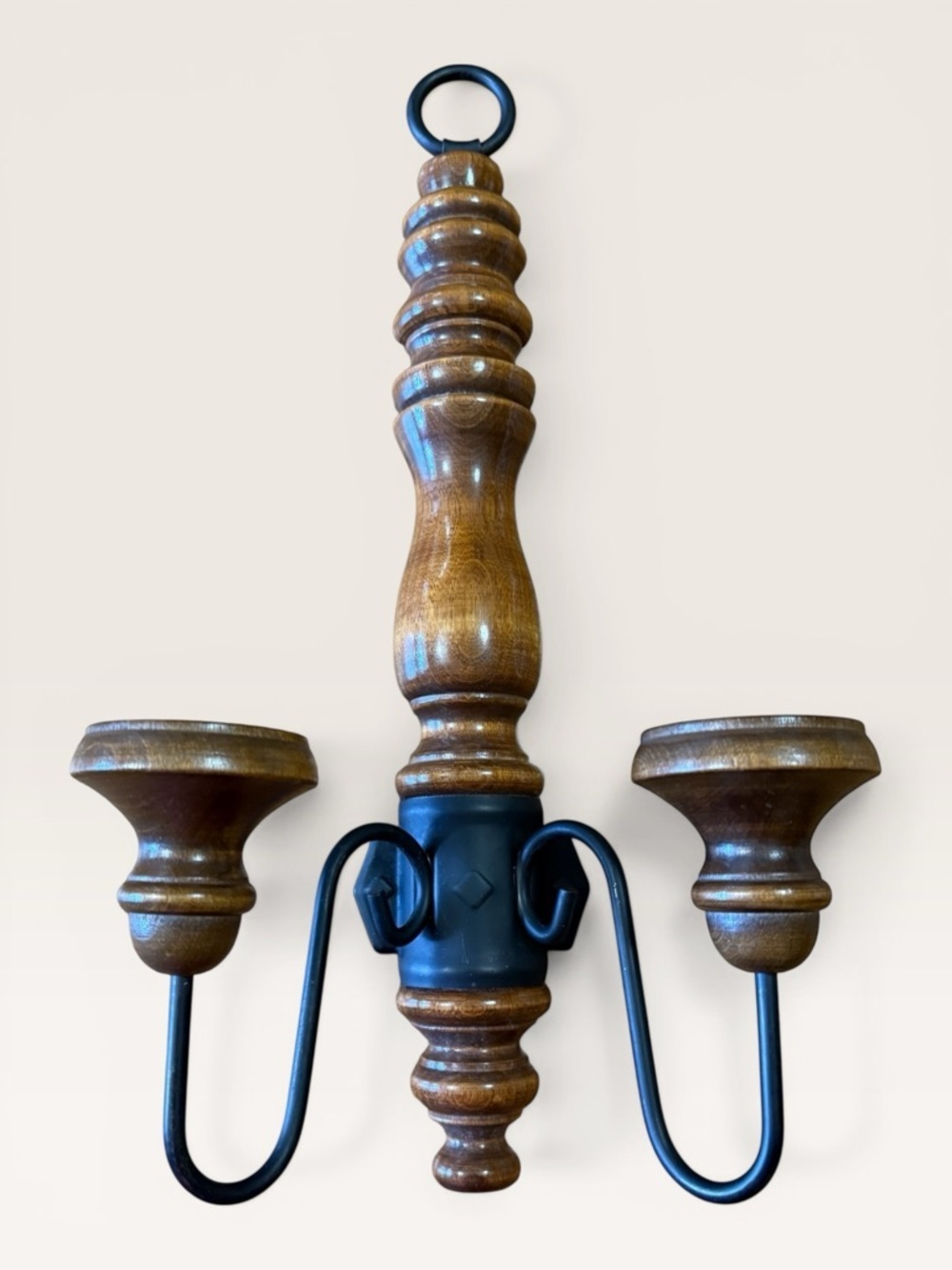 Vintage Homco Home Interiors Wood & Black Iron Double Candle Sconce